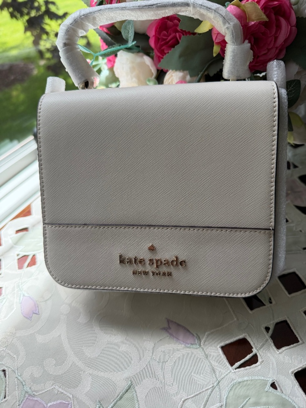 NWT Kate Spade Staci Square Crossbody K7342 Saffiano Leather In Parchment